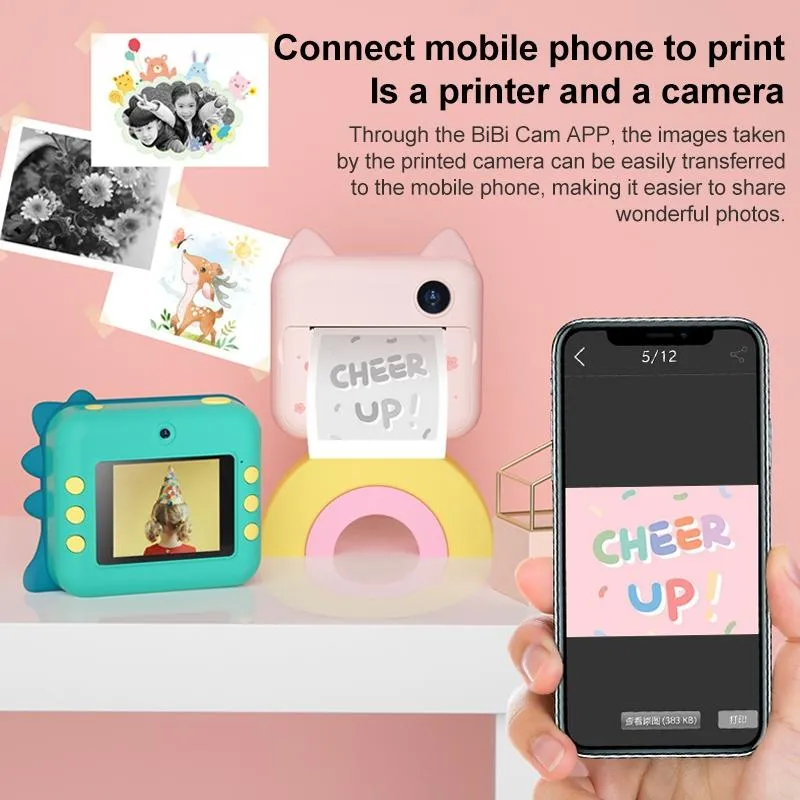 32gb Children Instant Camera with Dual-lens and Mini Print - Pink Cat