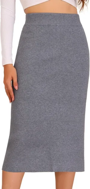Allegra K Women's Sweater Skirts Ribbed Knit Elastic High Waist Stretchy Slit Casual Office Pencil Midi Skirt