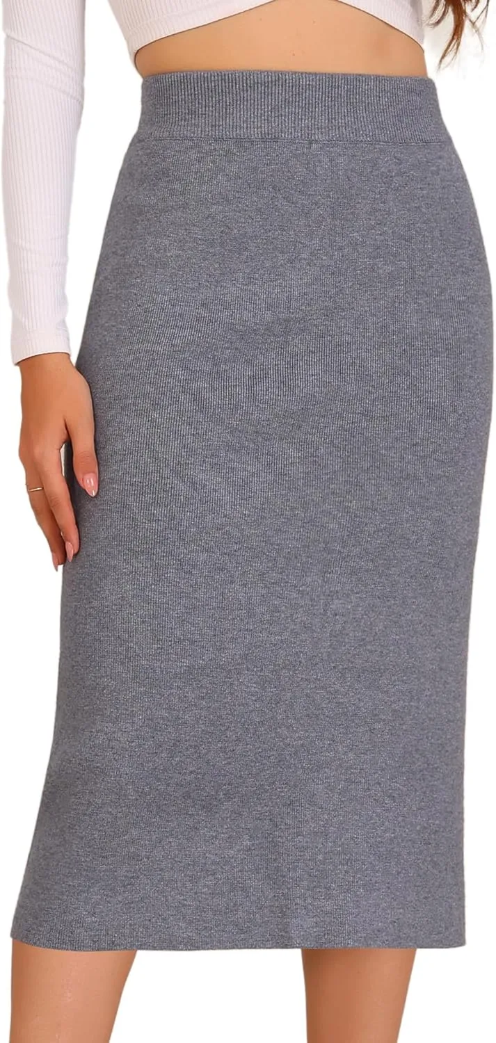 Allegra K Women's Sweater Skirts Ribbed Knit Elastic High Waist Stretchy Slit Casual Office Pencil Midi Skirt