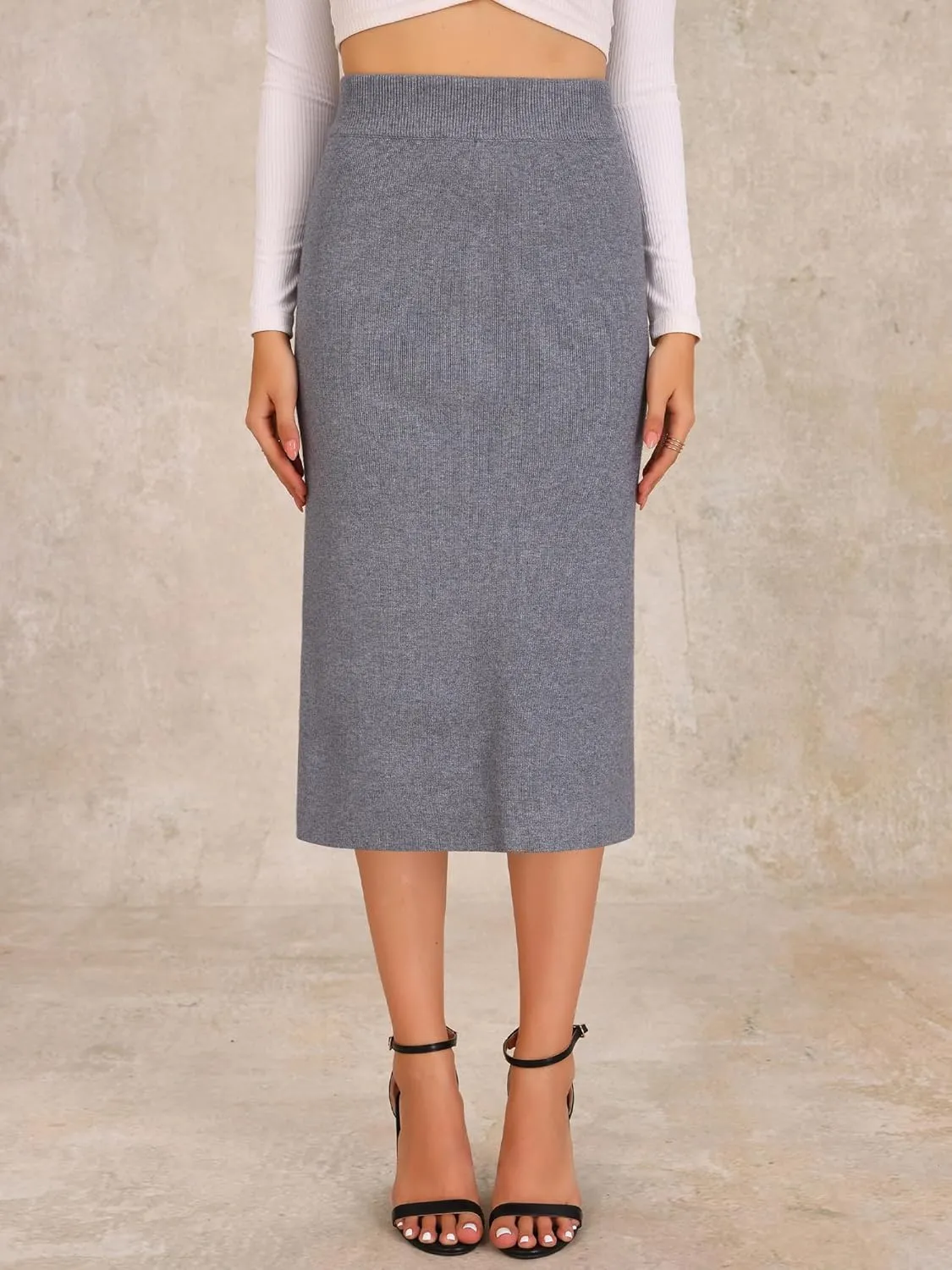 Allegra K Women's Sweater Skirts Ribbed Knit Elastic High Waist Stretchy Slit Casual Office Pencil Midi Skirt
