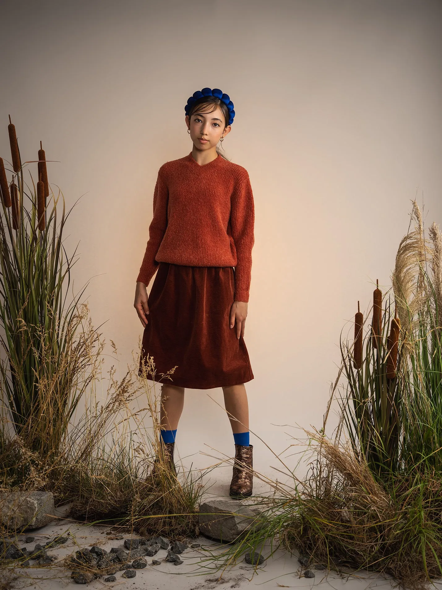 BAMBOO RUST CORDUROY GATHERED WAIST SKIRT [Final Sale]
