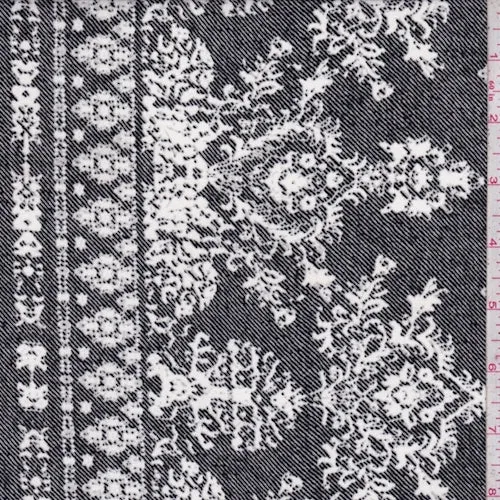 Black/White Medallion Border Crepe De Chine Fabric