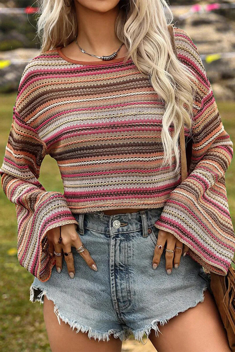 Bohemian Knit Crop Top with Bell Sleeves