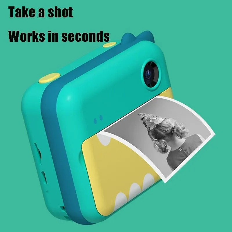 Children's Instant Camera with Dual-lens and Mini Print - Green Dinosaur