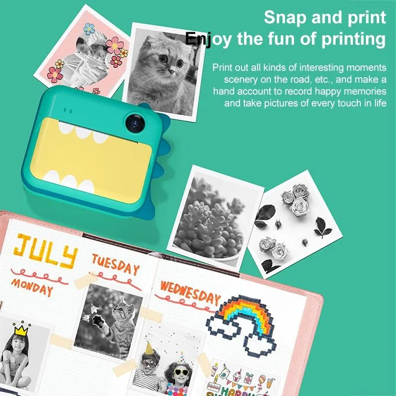 Children's Instant Camera with Dual-lens and Mini Print - Green Dinosaur