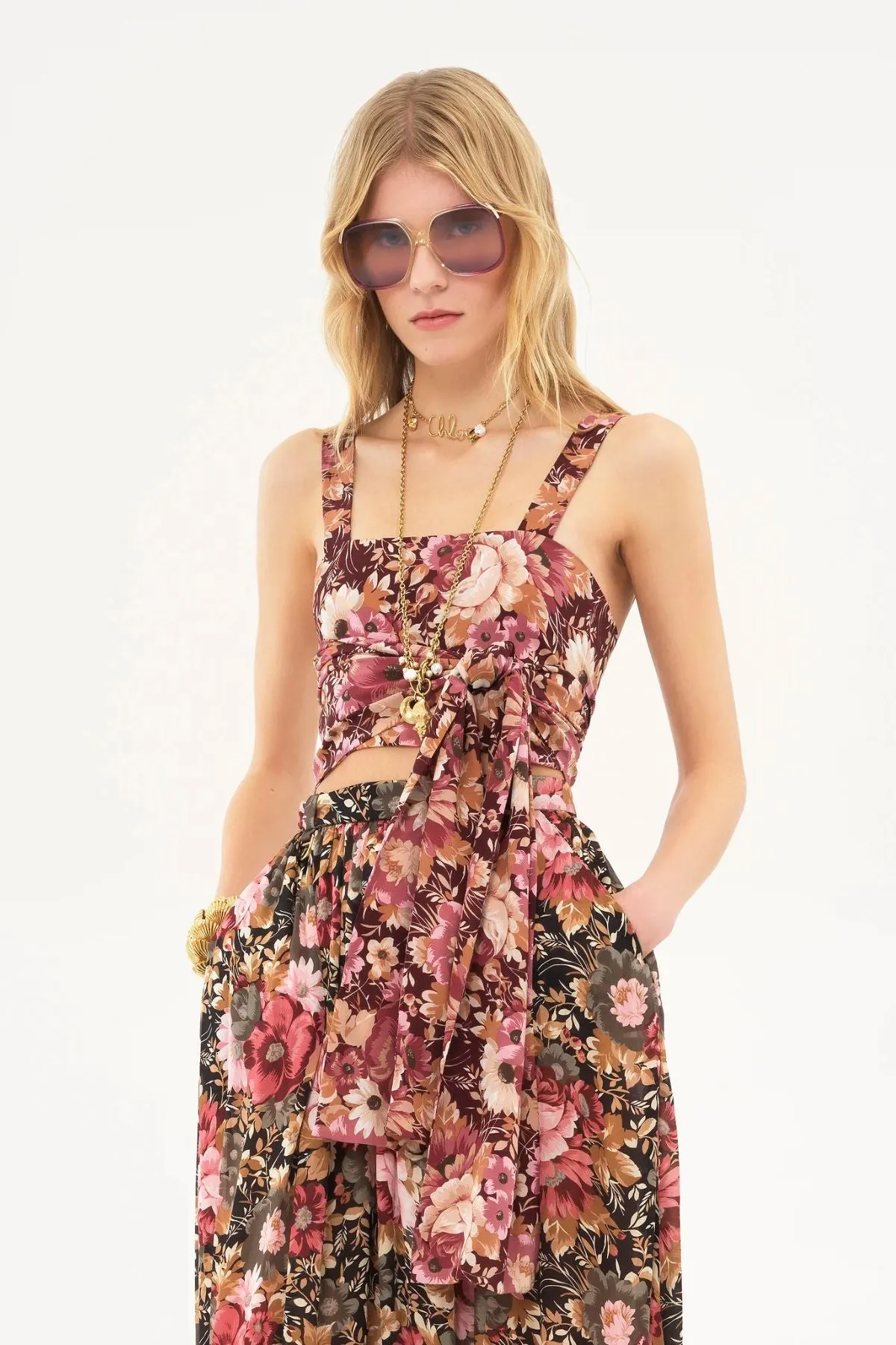 Chlo Floral Wrap Tank Top - Maroon Pink