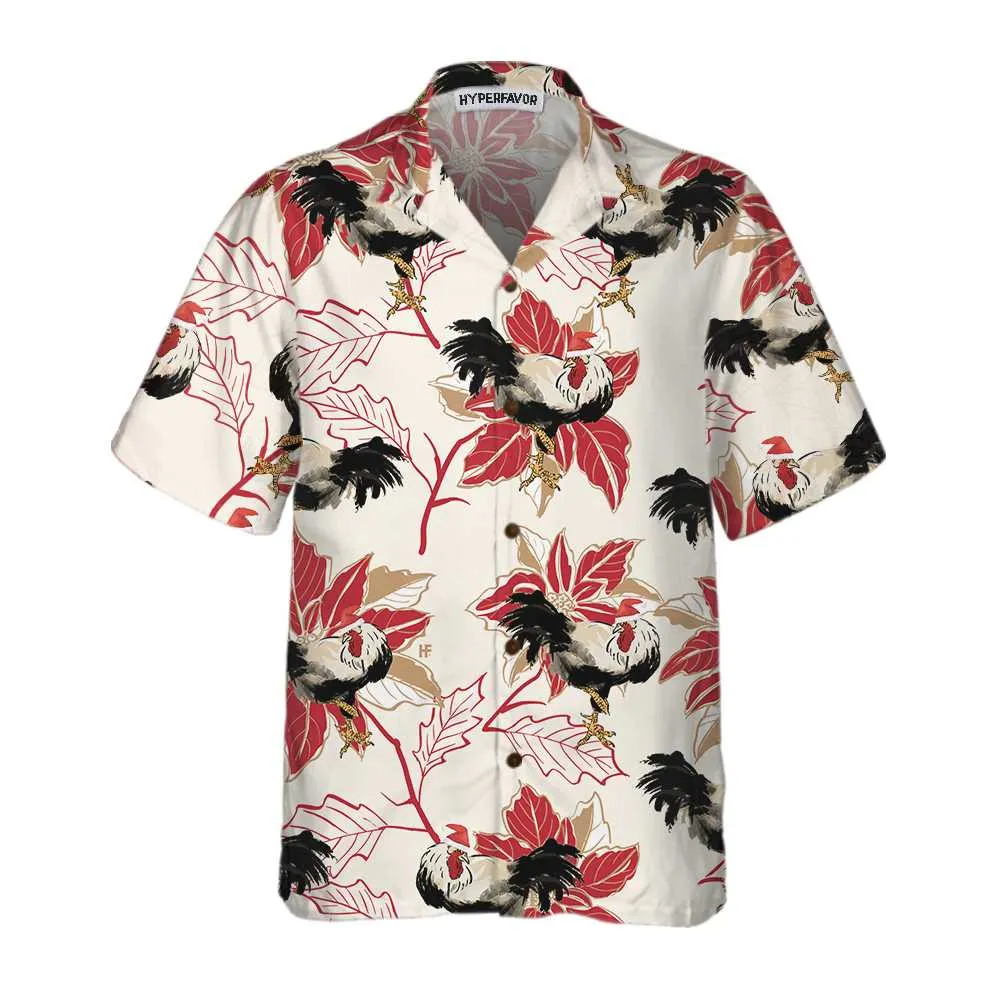 Christmas Rooster And Poinsettia Hawaiian Shirt, Unique Chicken Shirt For Men & Women, Best Christmas Gift