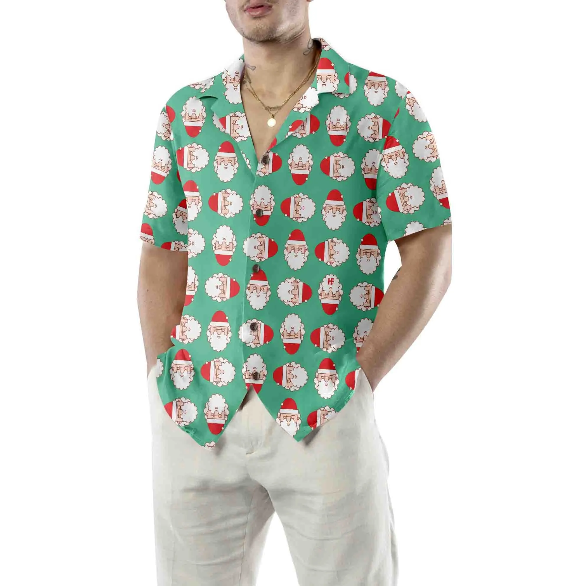 Christmas Santa Claus Face Seamless Pattern Hawaiian Shirt, Funny Christmas Hawaiian Shirt