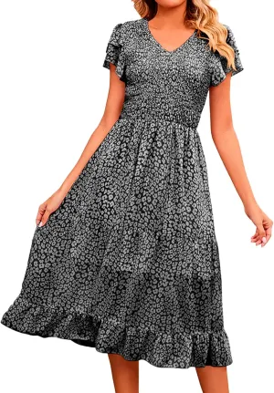 Dresses for Women 2024 Long Sleeve Casual Elegant V Neck Dress Floral Printing Short Sleeve A Womens Sundresses