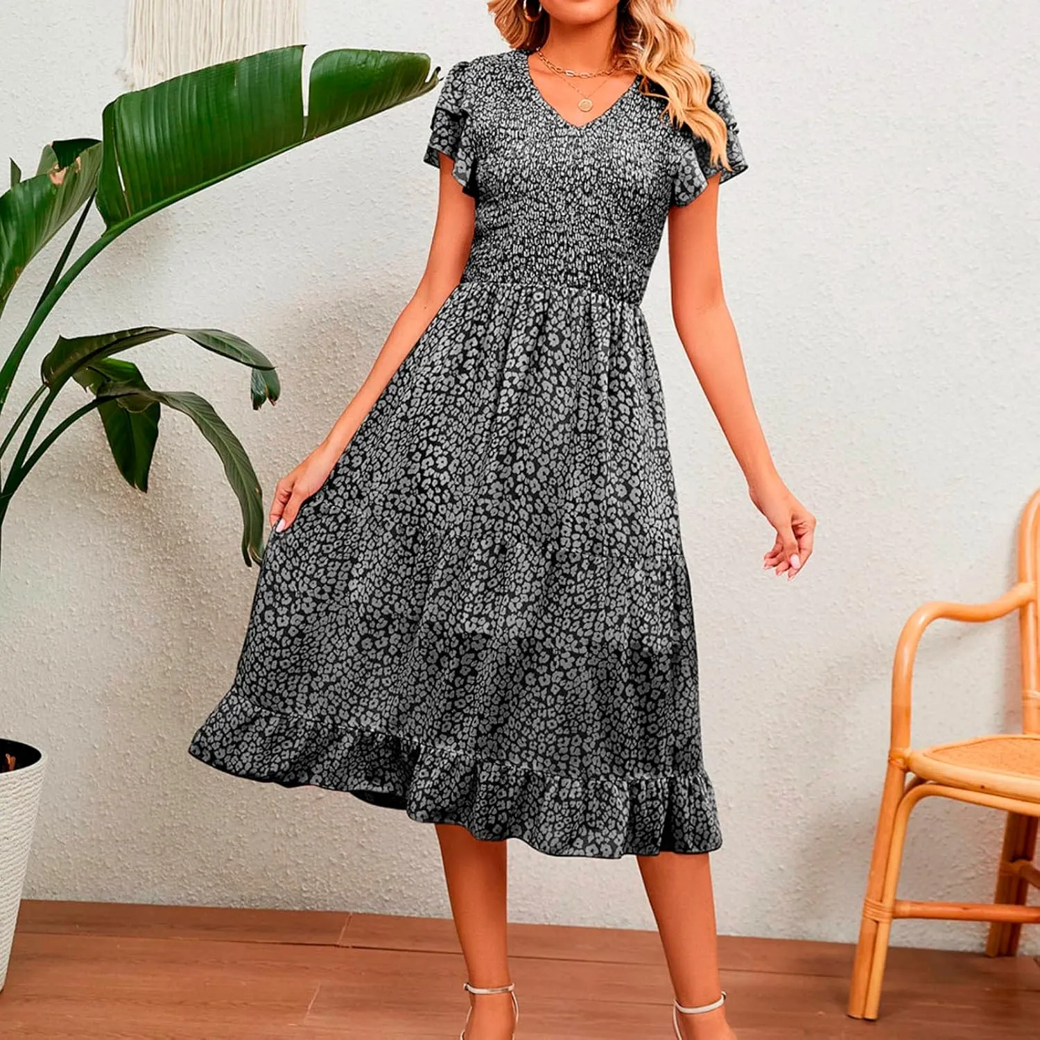 Dresses for Women 2024 Long Sleeve Casual Elegant V Neck Dress Floral Printing Short Sleeve A Womens Sundresses