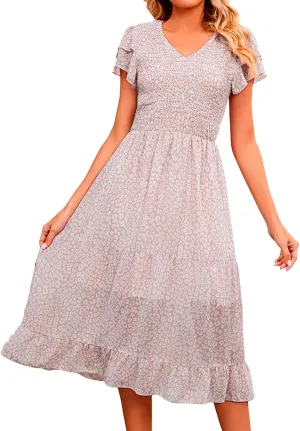 Dresses for Women 2024 Long Sleeve Casual Elegant V Neck Dress Floral Printing Short Sleeve A Womens Sundresses