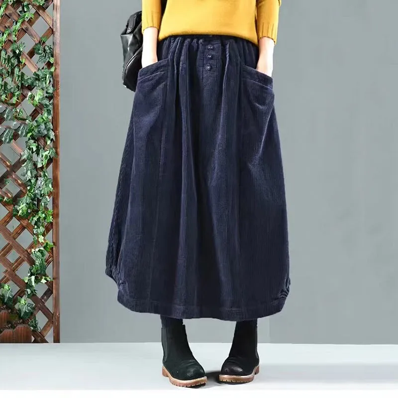 Elastic Waist Calf Length Winter Corduroy Skirt