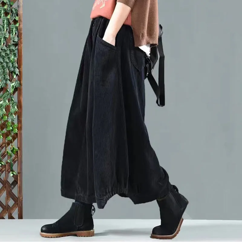 Elastic Waist Calf Length Winter Corduroy Skirt