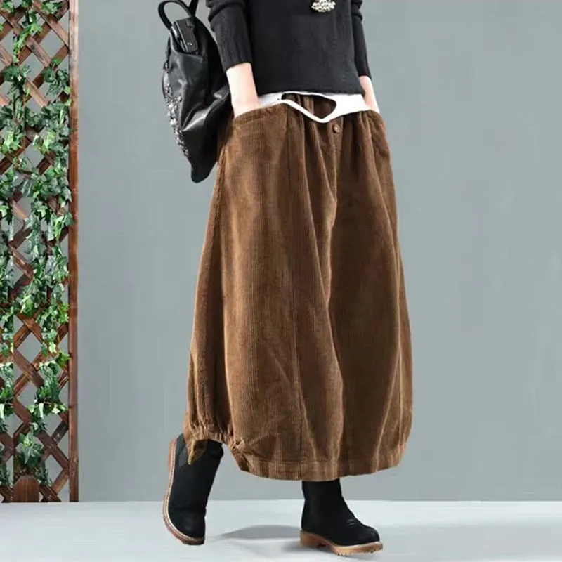 Elastic Waist Calf Length Winter Corduroy Skirt