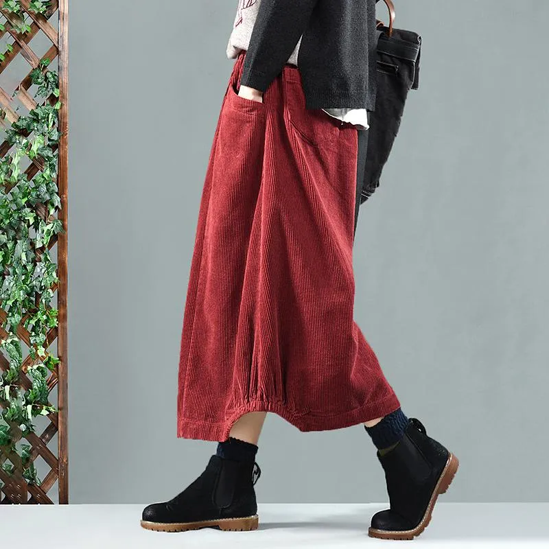 Elastic Waist Calf Length Winter Corduroy Skirt