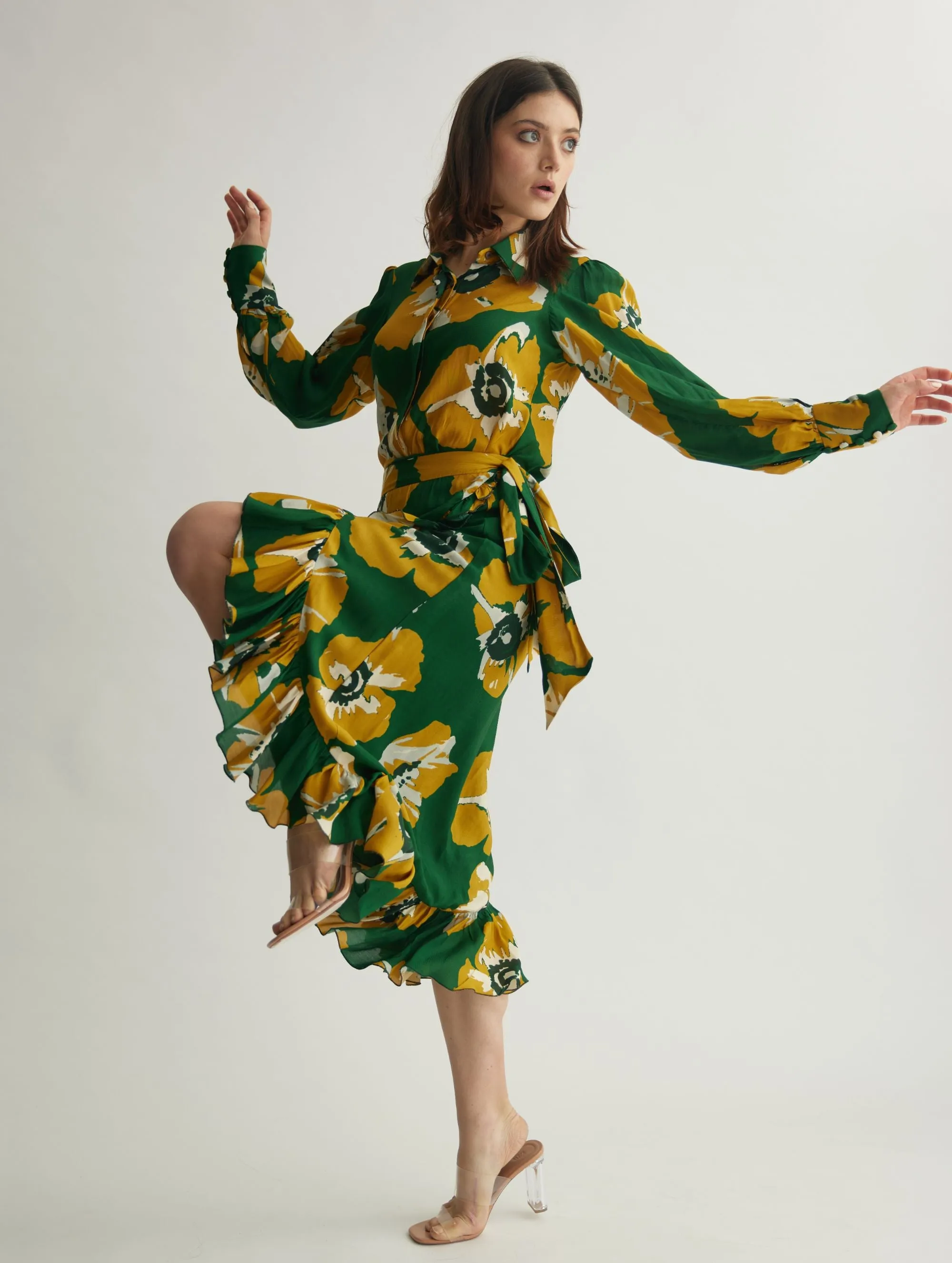 GREEN AND MUSTARD FLORAL WRAP SKIRT