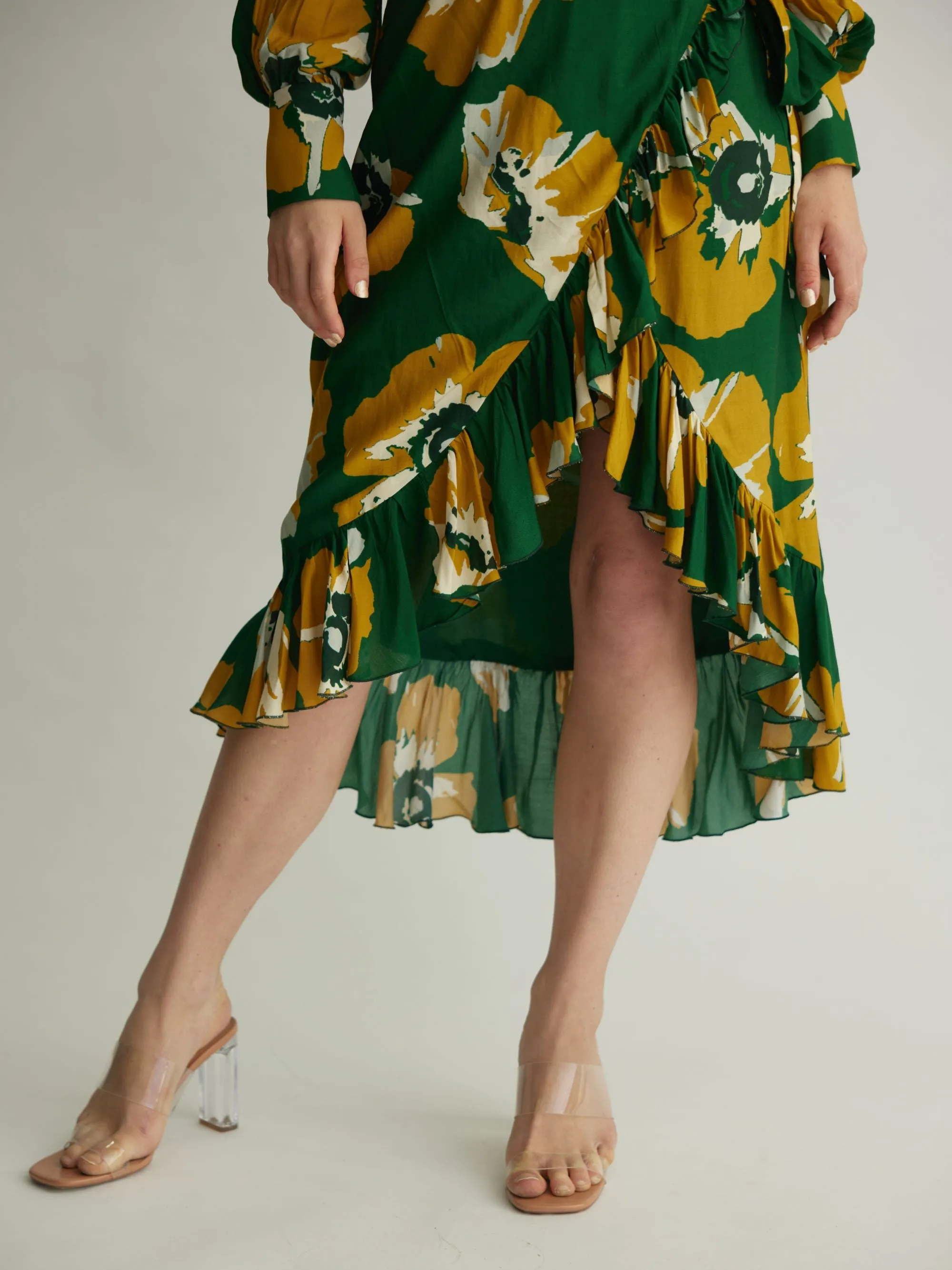 GREEN AND MUSTARD FLORAL WRAP SKIRT