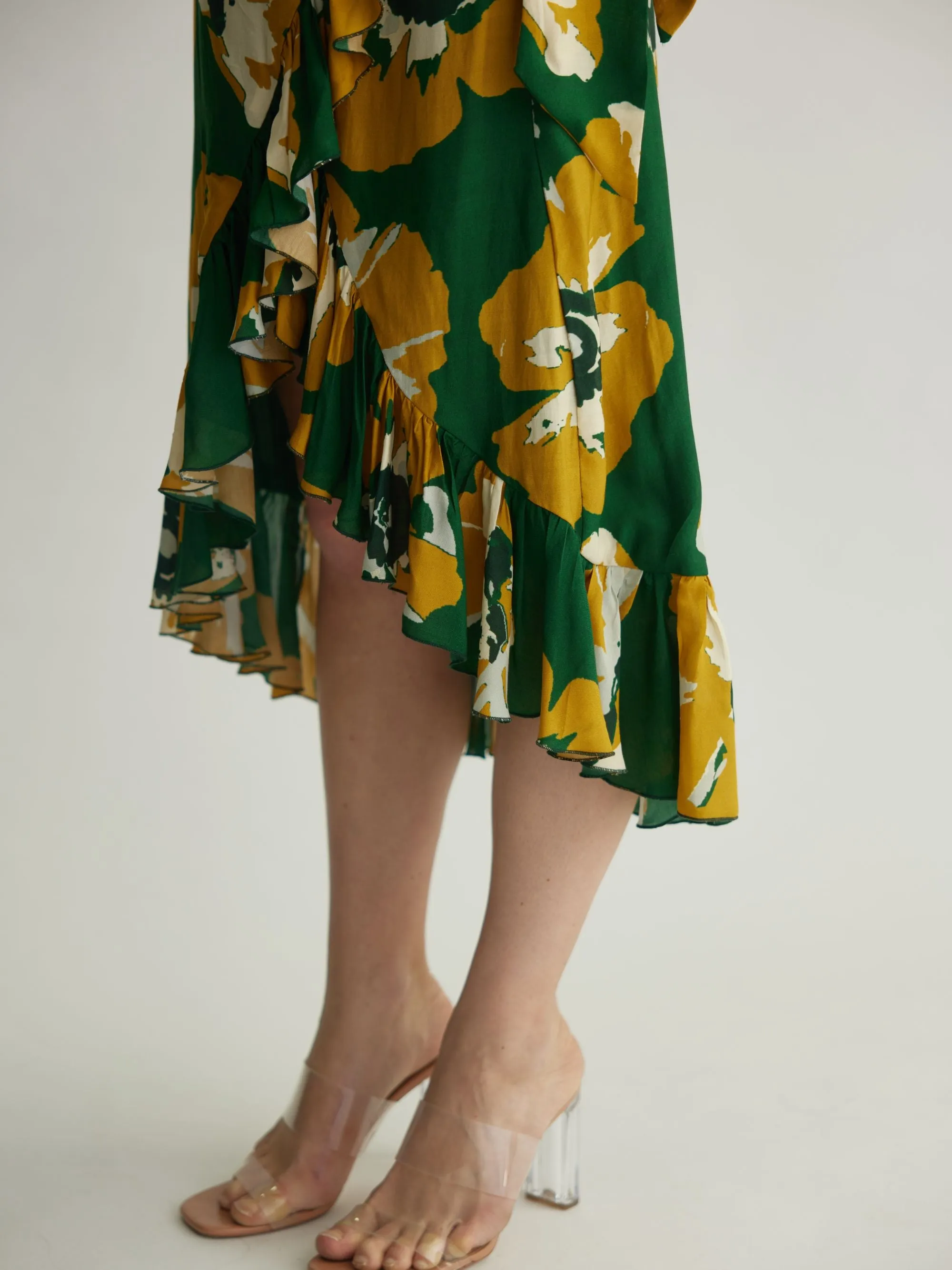 GREEN AND MUSTARD FLORAL WRAP SKIRT