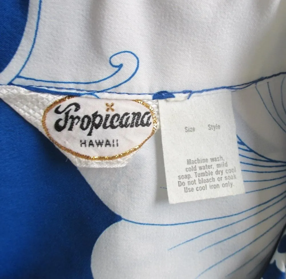 Mens Vintage 70s Blue White Hawaiian Shirt XL