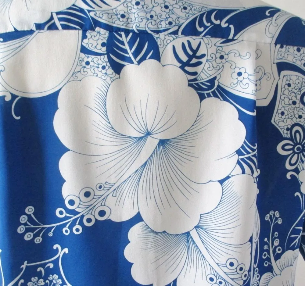 Mens Vintage 70s Blue White Hawaiian Shirt XL