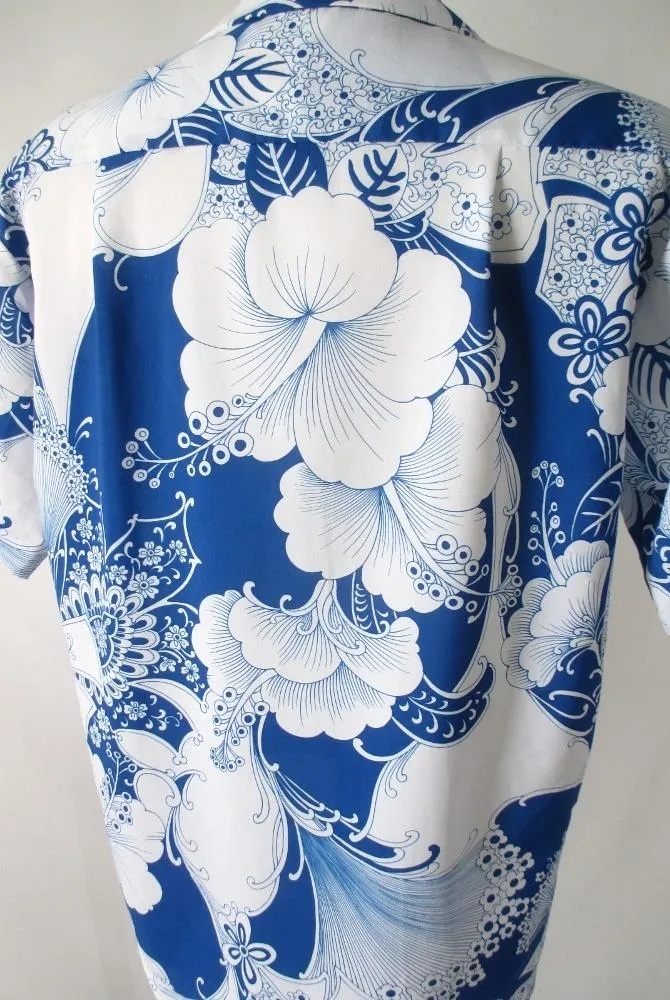 Mens Vintage 70s Blue White Hawaiian Shirt XL