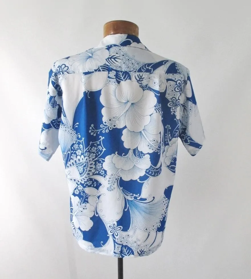Mens Vintage 70s Blue White Hawaiian Shirt XL
