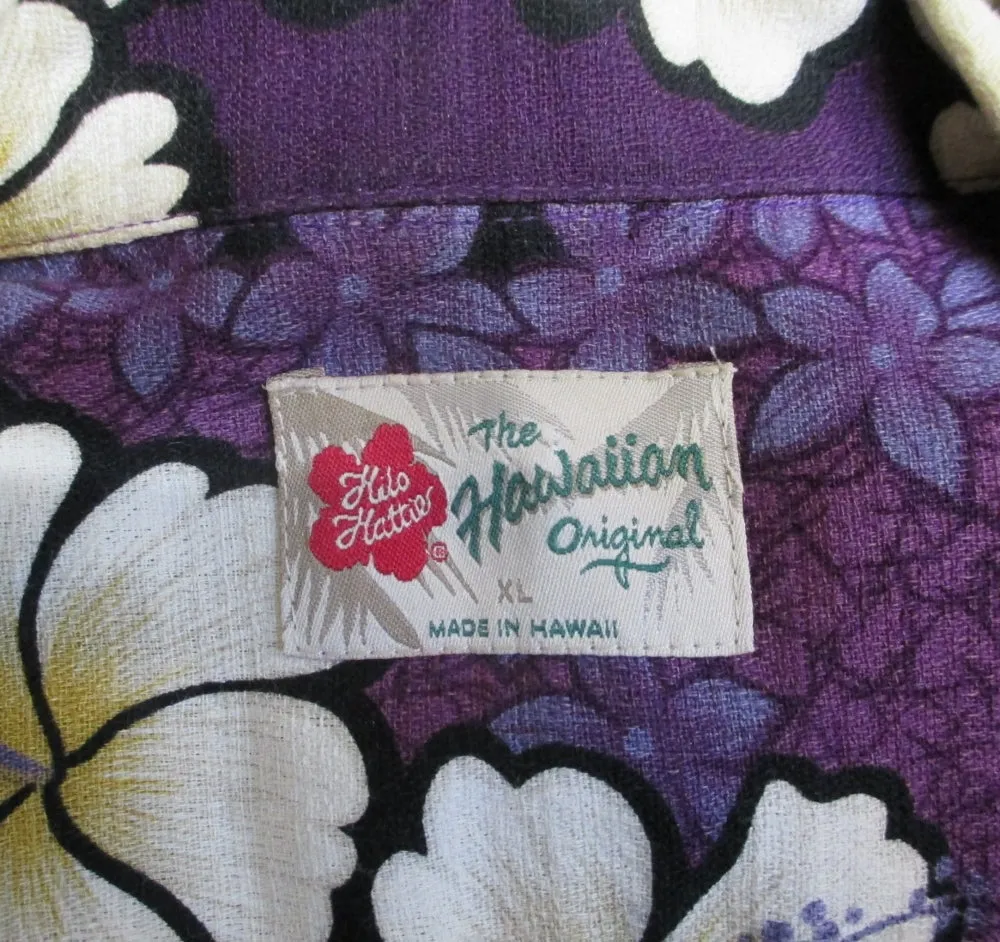 Mens Vintage Hilo Hattie Purple Hibiscus Barkcloth Hawaiian Shirt XXL