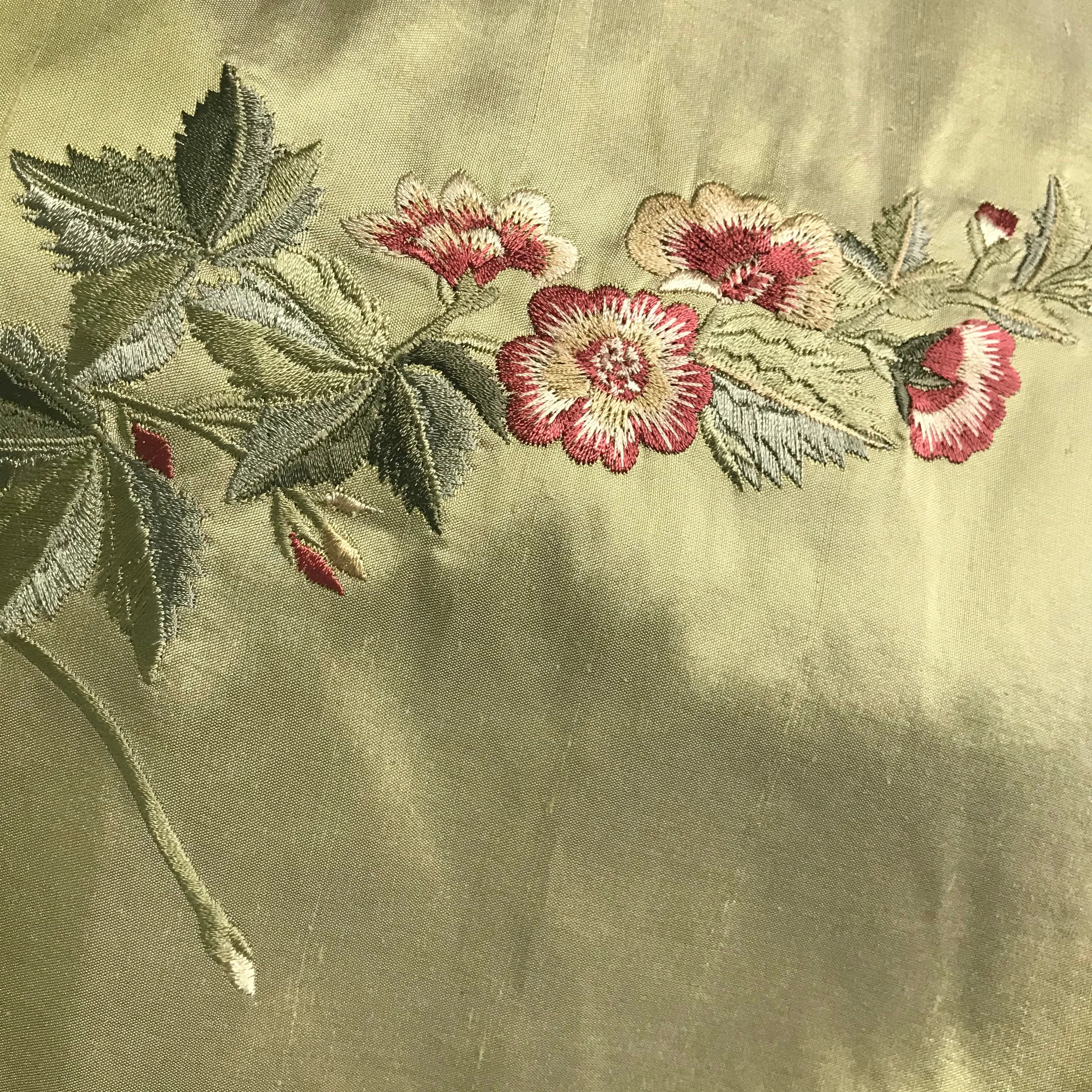 NEW Lady Amanda Designer 100% Silk Dupioni - Green with Embroidered Floral Motif
