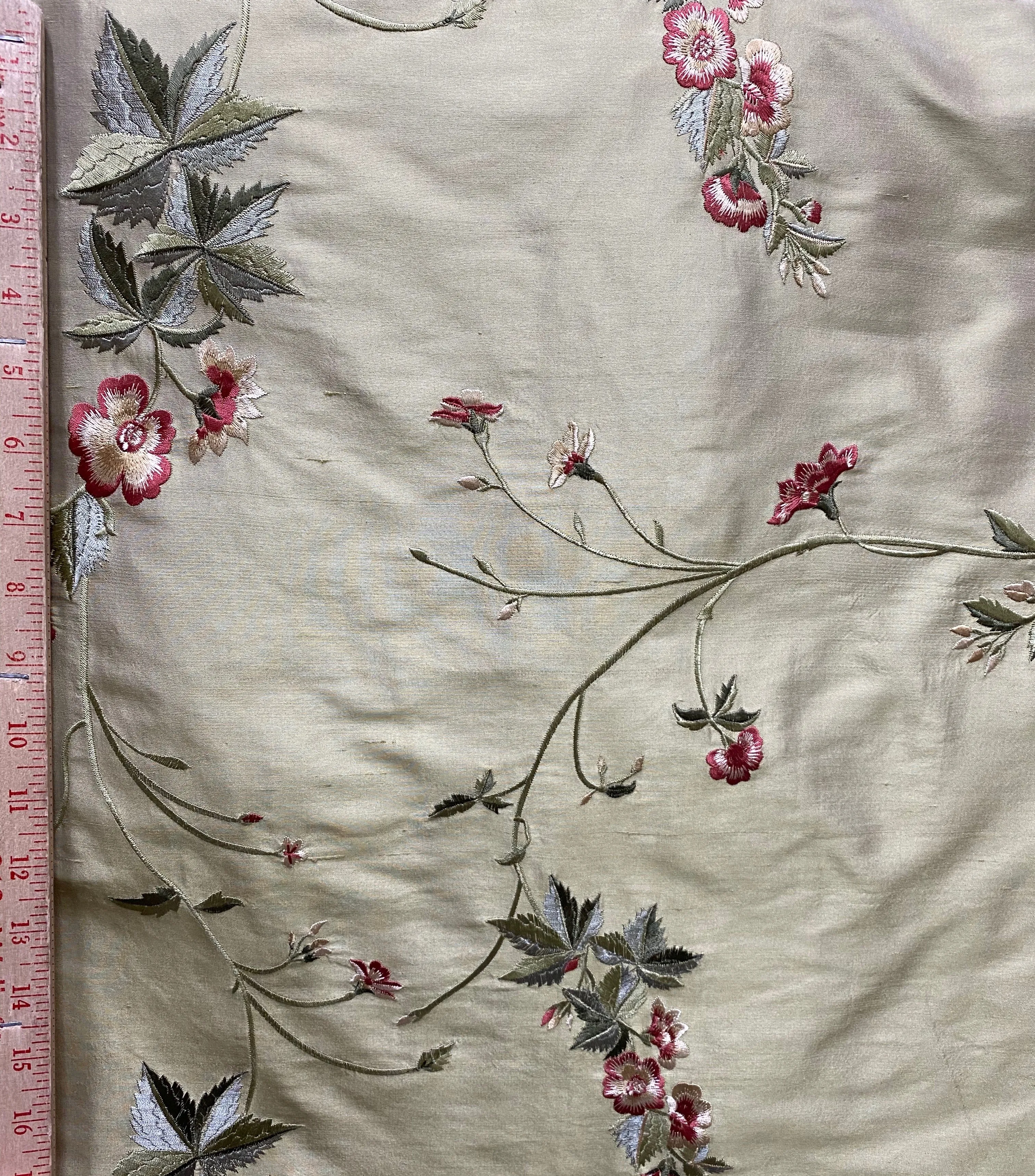 NEW Lady Amanda Designer 100% Silk Dupioni - Green with Embroidered Floral Motif