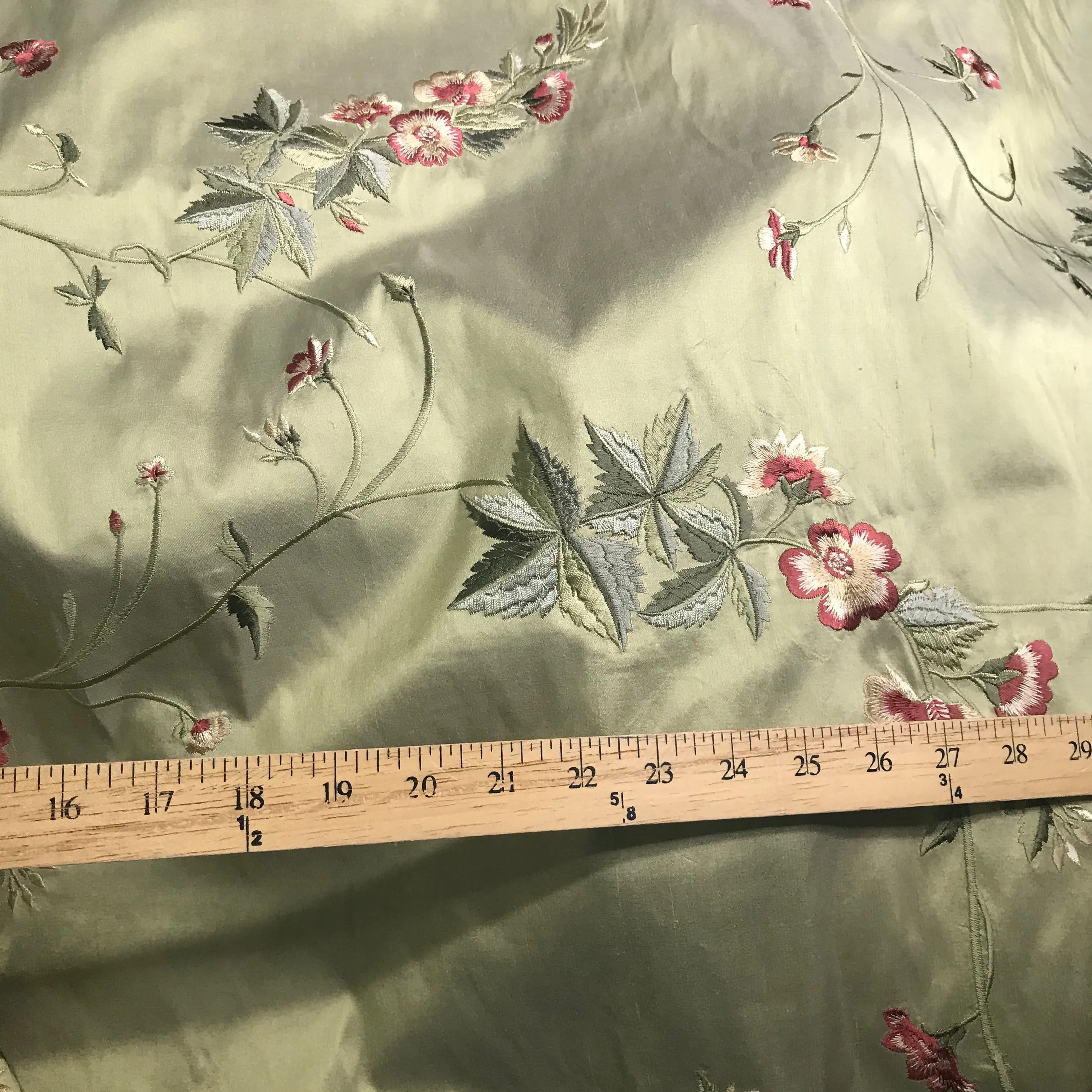 NEW Lady Amanda Designer 100% Silk Dupioni - Green with Embroidered Floral Motif