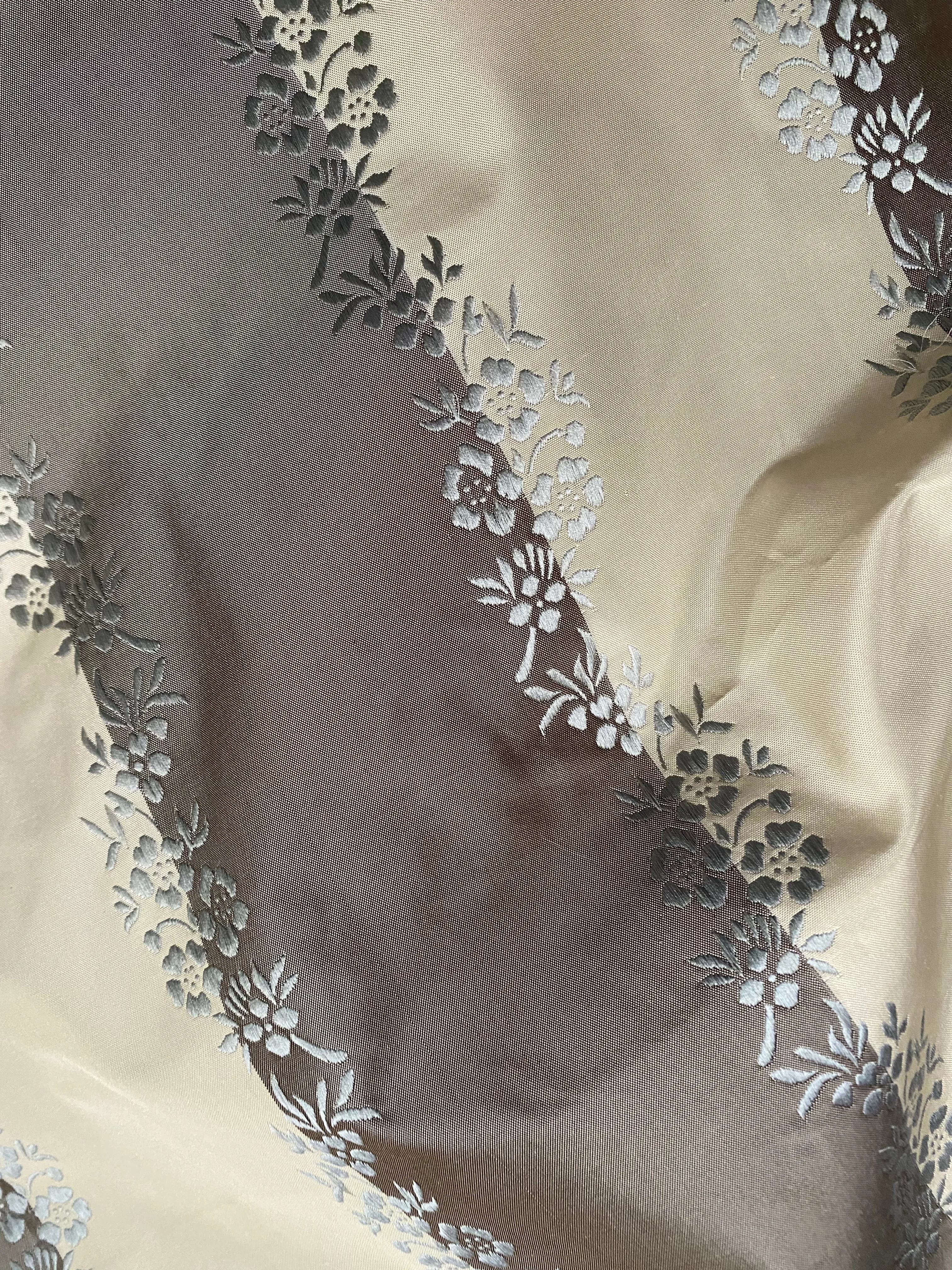 NEW Lady Kristen Designer 100% Silk Taffeta Embroidered Stripe Floral Fabric- Ice Blue & Warm Grey
