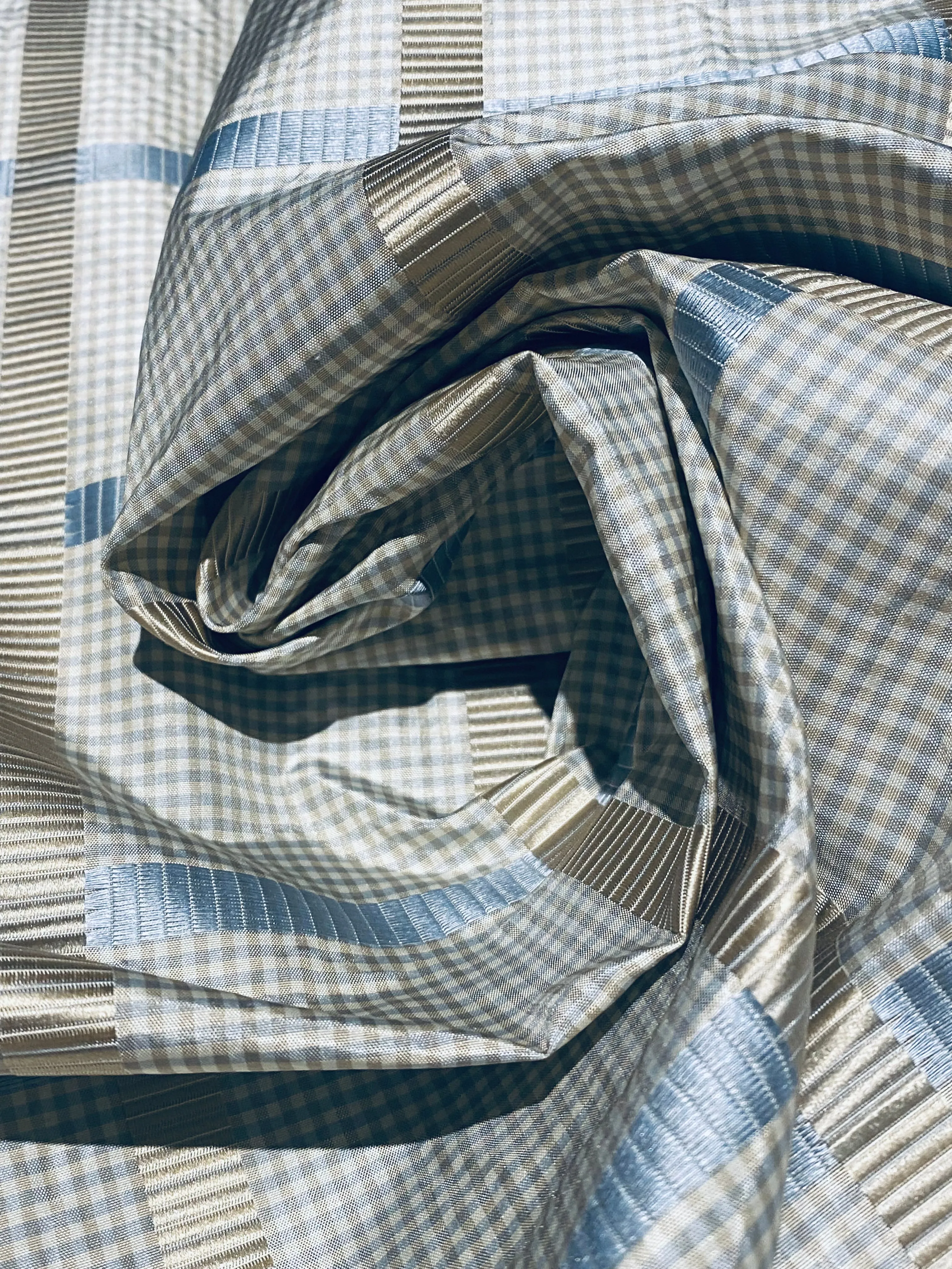 NEW Miss Jaqueline Designer 100% Silk Taffeta Gingham Ribbon Square Stripes Fabric - Blue and Gold SB_6_28