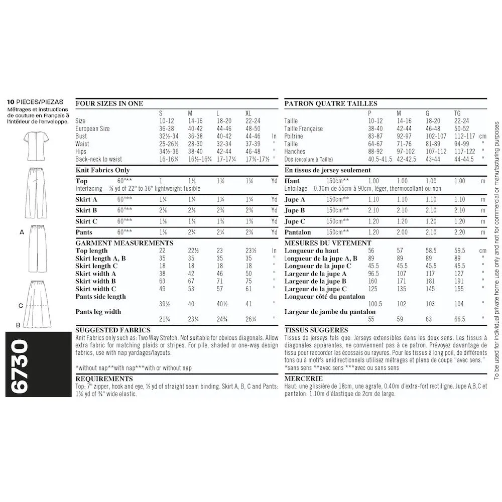 Newlook Pattern 6730 Misses Knit Tops, Skirts, and Pants