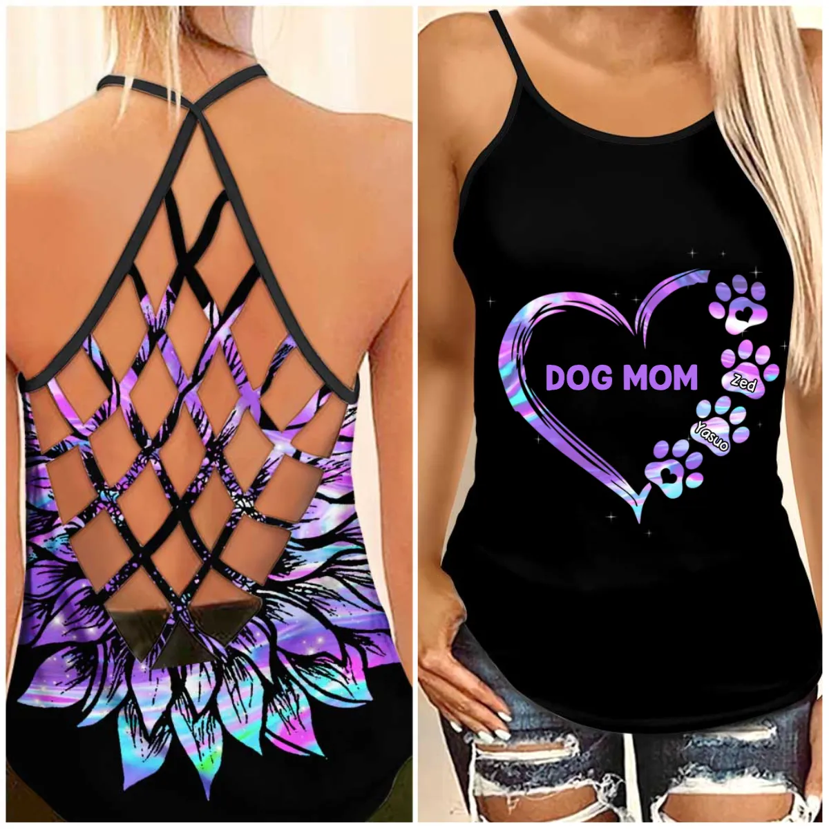 Personalized Dog Mom Heart Pawprints Cross Tank Top, Gift for Dog Lovers