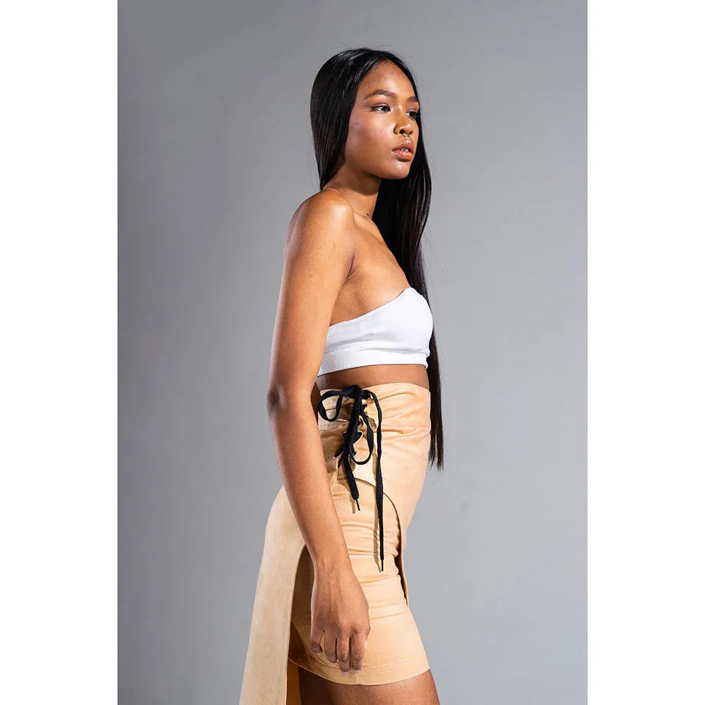 PRIMAL GRAY Beige Recycled Polyester Suede Asymmetrical Wrap Skirt