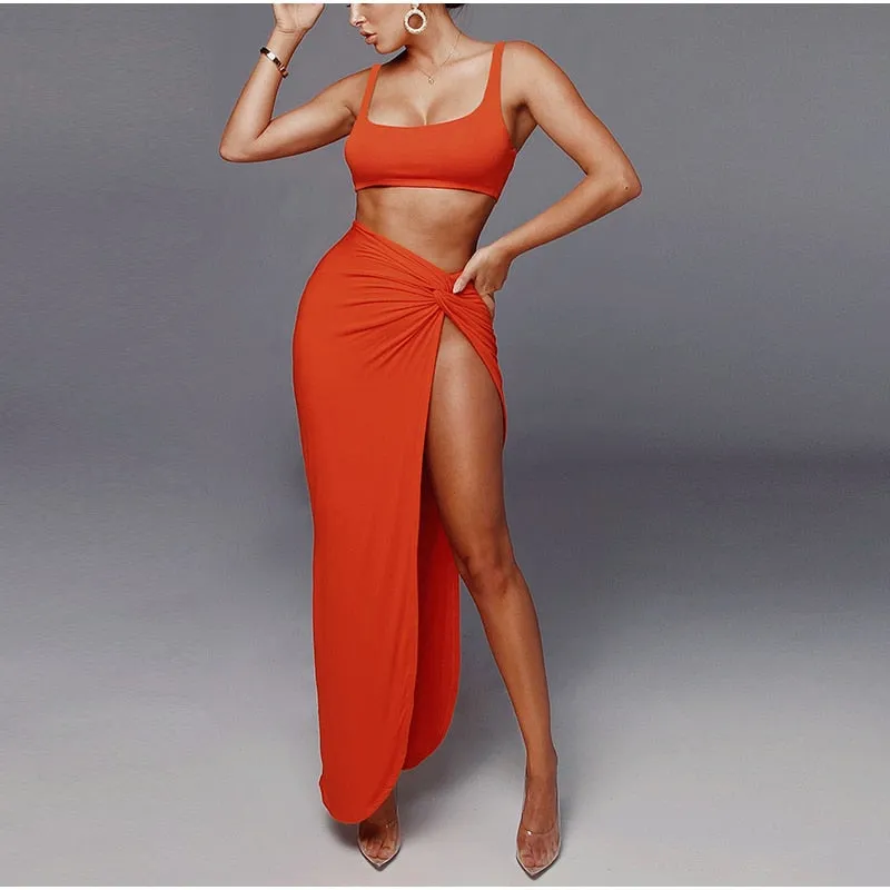 Sexy 2 Piece Set Women Crop Top Twist Side Split Long Skirts