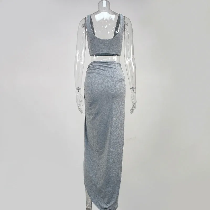 Sexy 2 Piece Set Women Crop Top Twist Side Split Long Skirts