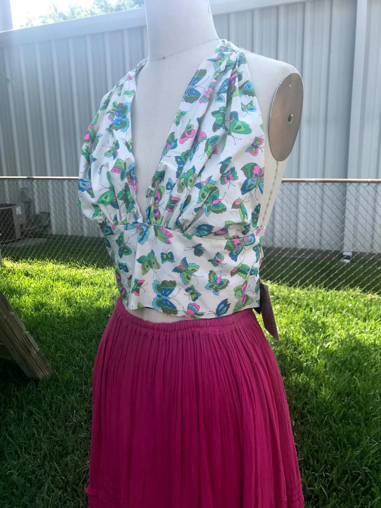 Vintage 70s | Bralette Bikini Top Mod Butterfly Print Cotton Halter | Free Size