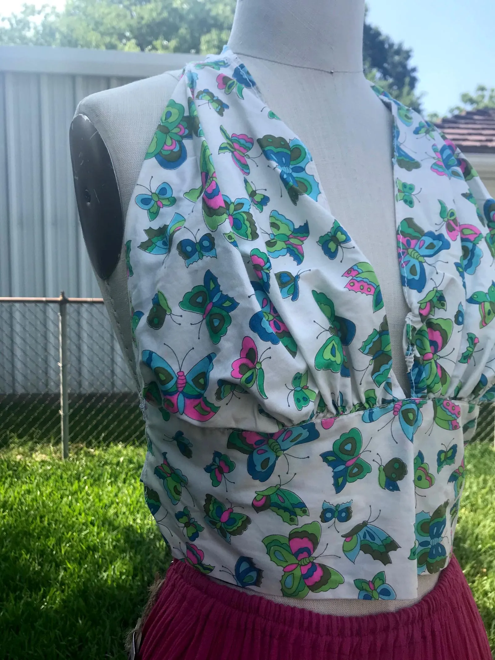 Vintage 70s | Bralette Bikini Top Mod Butterfly Print Cotton Halter | Free Size