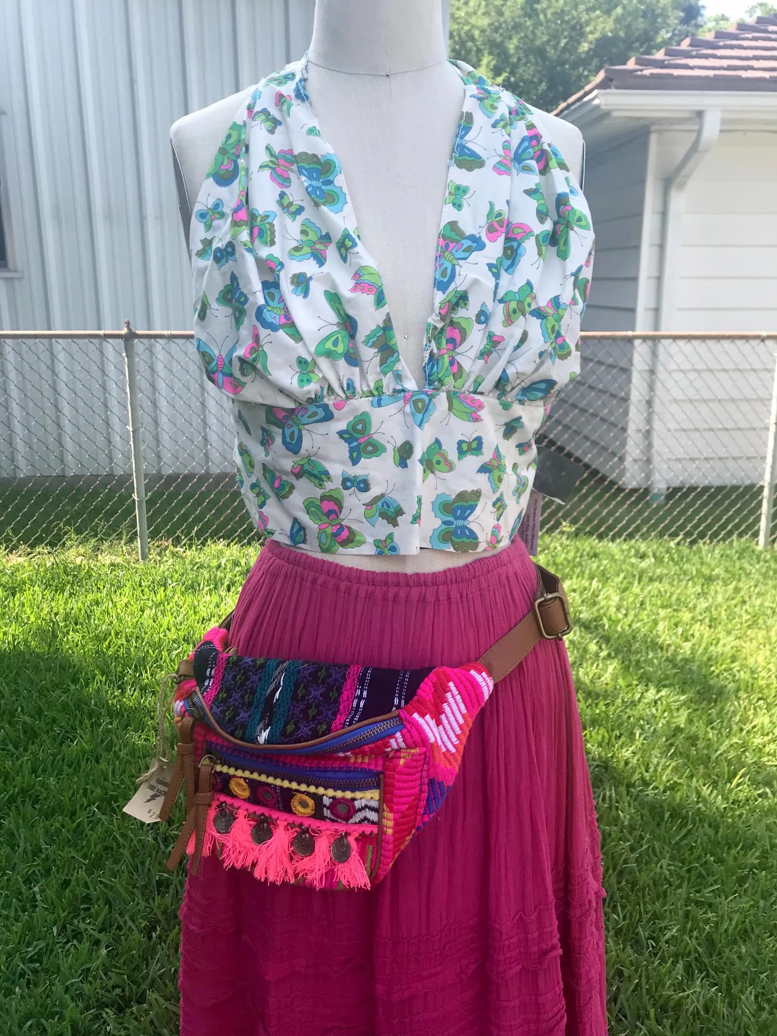Vintage 70s | Bralette Bikini Top Mod Butterfly Print Cotton Halter | Free Size