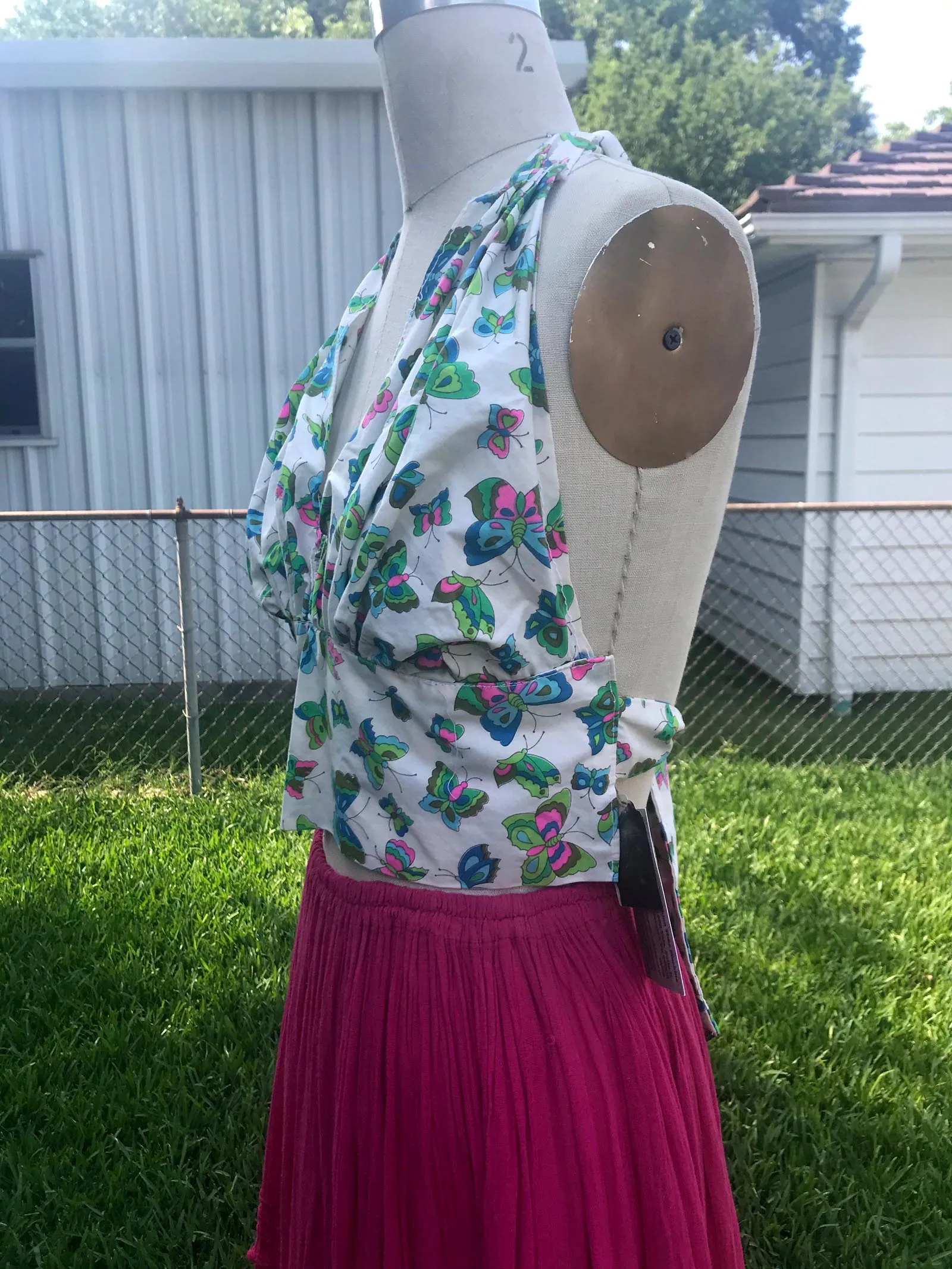 Vintage 70s | Bralette Bikini Top Mod Butterfly Print Cotton Halter | Free Size