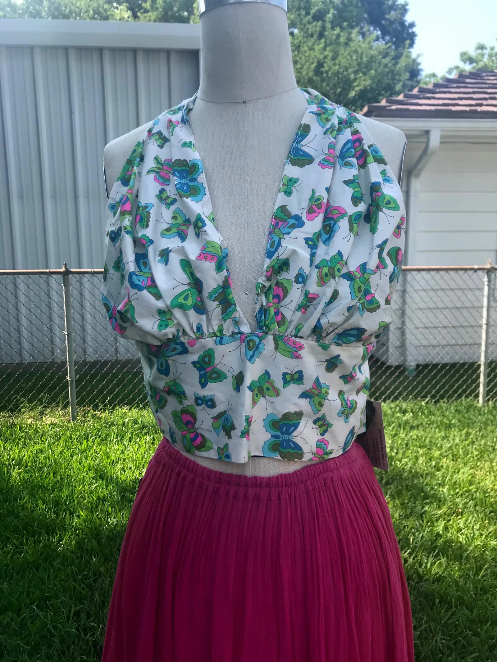 Vintage 70s | Bralette Bikini Top Mod Butterfly Print Cotton Halter | Free Size