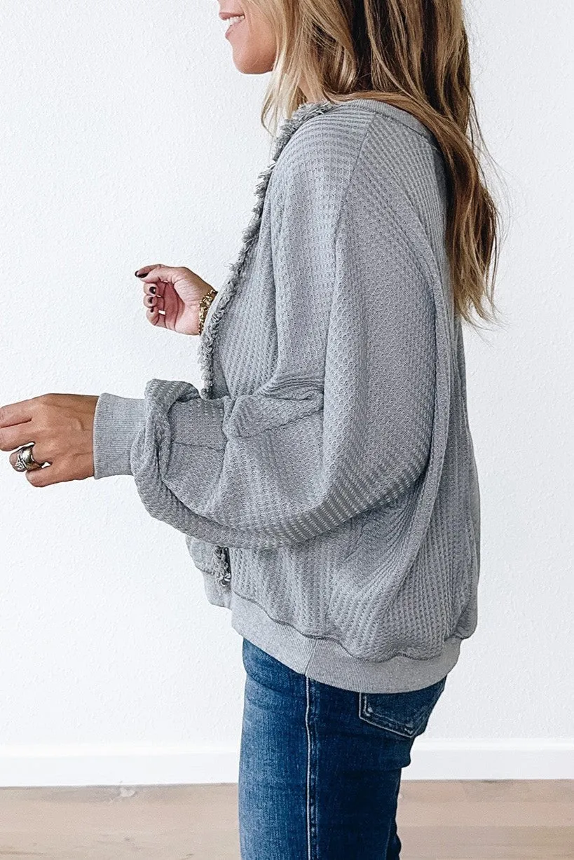 Waffle Raw Edge Long Sleeve Top