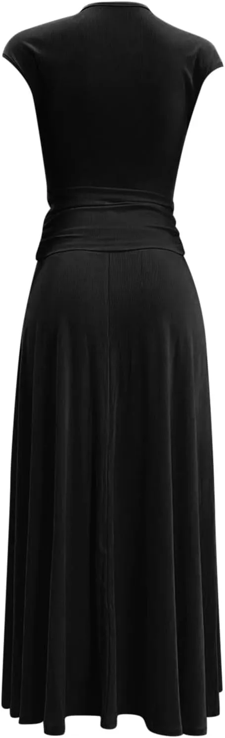 Women's 2 Piece Summer Outfits Dressy Casual Knit Short Sleeve Crop Top High Waist Midi Skirt Set Plus Sequin