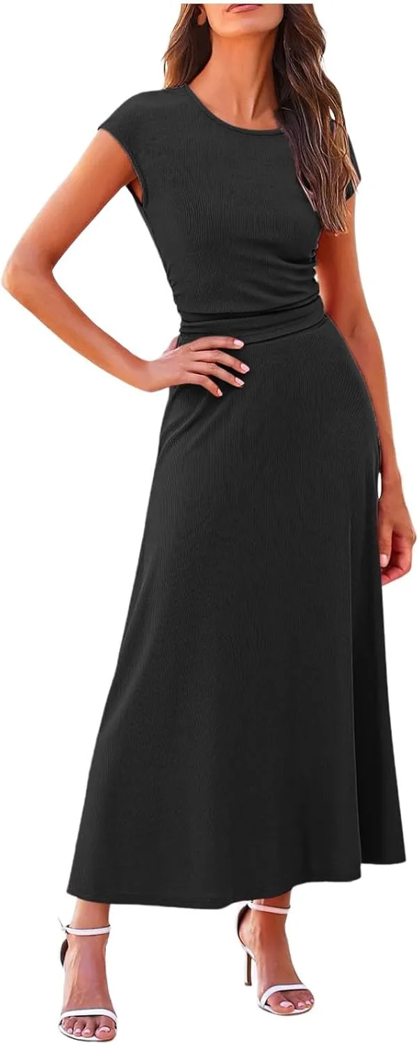 Women's 2 Piece Summer Outfits Dressy Casual Knit Short Sleeve Crop Top High Waist Midi Skirt Set Plus Sequin