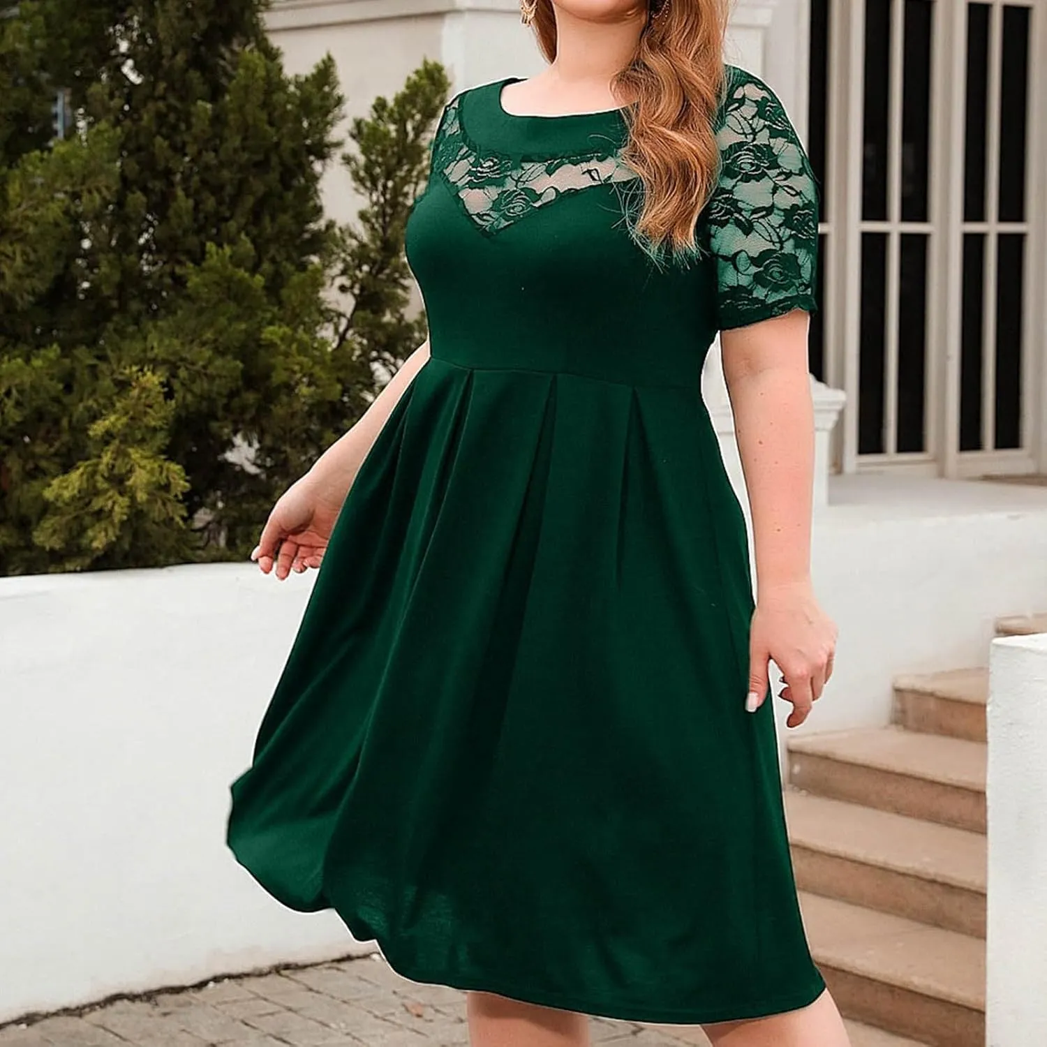Women's Plus Size Short Sleeve Lace Midi Dress Pleated Casual Summer Flowy Dress with Pockets Petite Maxi Dresses